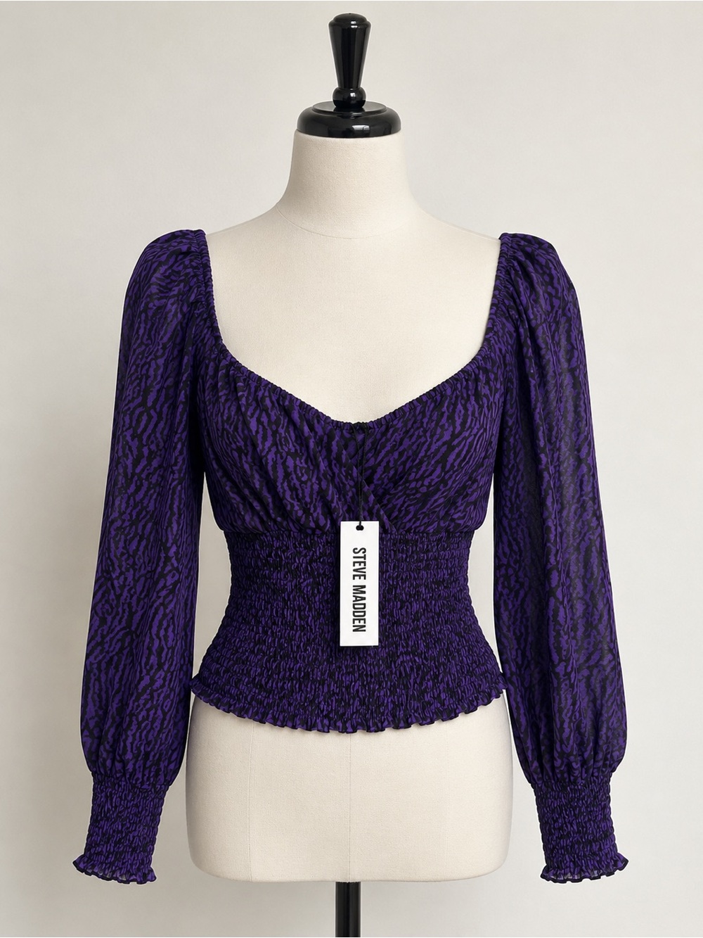 Steve Madden Purple Patterned Square-Neck Smocked Waist Blouse